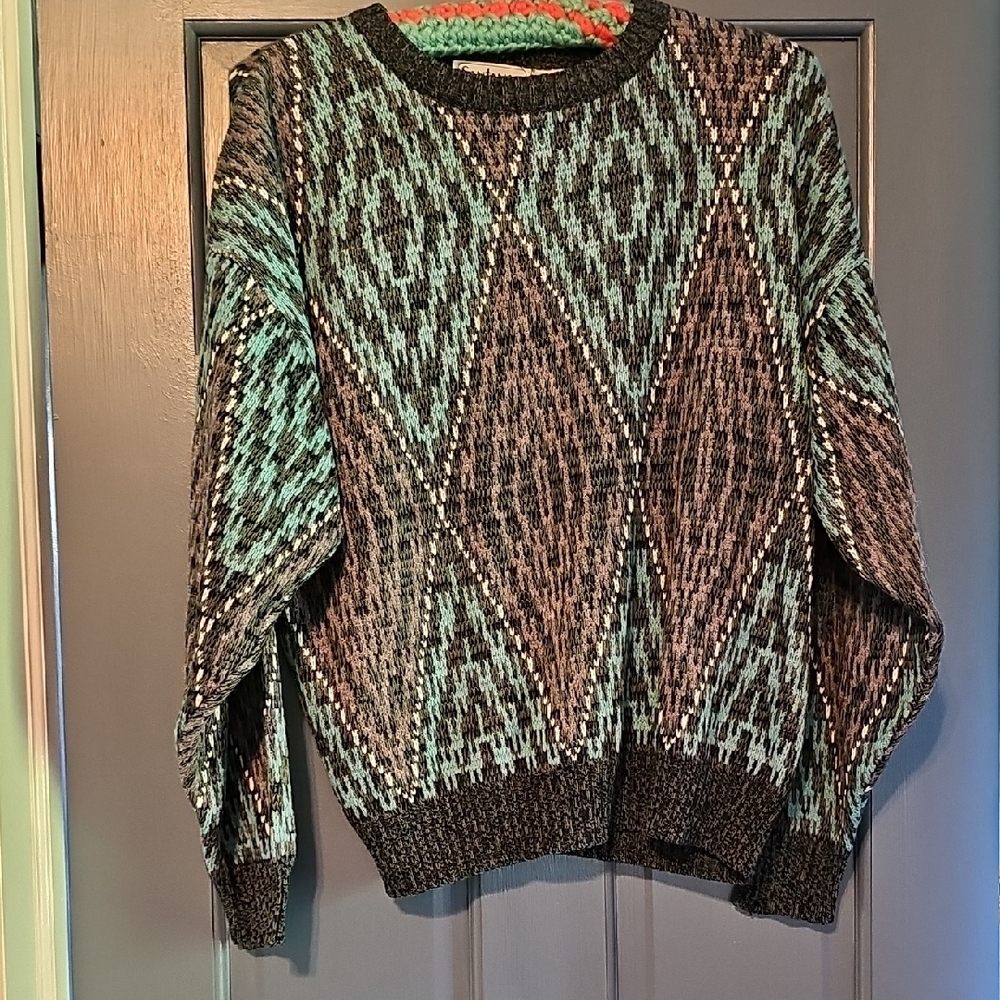 VINTAGE Santana Men Crewneck Sweater Purple Turquiose Diamond Pattern Coogi 80s